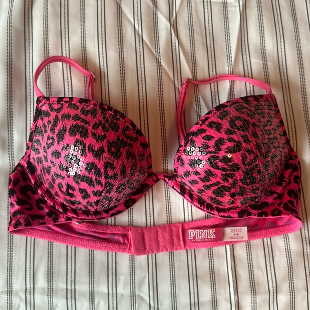 Victoria’s Secret Push-Up Plunge Hot Pink Leopard Print Bra Size 34B